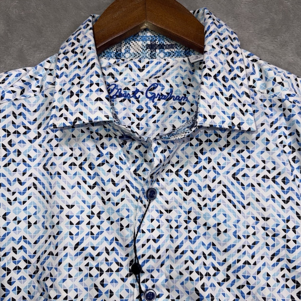 Robert Graham Greco Shirt Size S Multi Blue Mosaic Stretch Classic Fit NWT $188